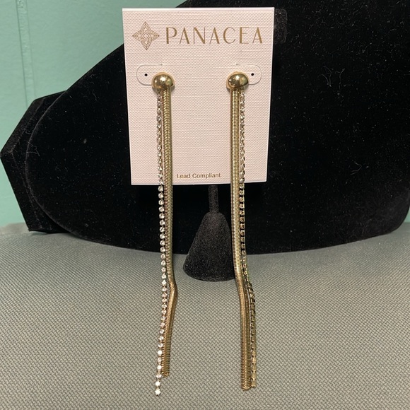 BNWT PANACEA 5.5” LONG GOLD TONE SNAKE CHAIN & CRYSTAL EARRINGS LEAD FREE - Picture 3 of 6